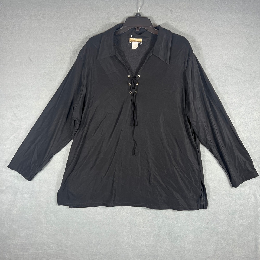 CDW Woman Top 2X Black Vintage Y2K Lace Up Front Long Sleeve Collared Pullover